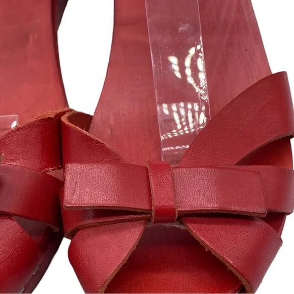 Swedish Hasbeens Sandal Red Leather Clog Bow Buckle Wood Size 8.5 - Picture 8 of 15